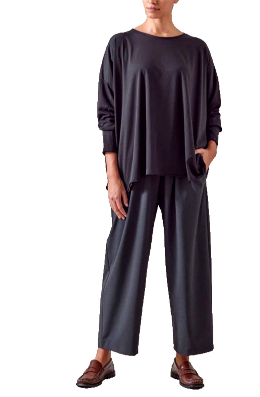 ESKANDAR One Size Black Pima Cotton Jersey Long Sleeve Double Edge Pullover Top